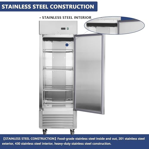 27"W Commercial Reach-In Freezer, 1 Solid Door Stainless Steel Upright Freezer, 18.68 Cu.ft Fan Cooling Freezer for Restaurants