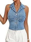 Milumia Women's Ruched Button Front Denim Halter Tops Sleeveless Collar Neck Summer Crop Jean Top Blue Medium