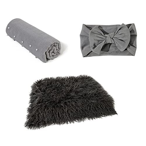 Image of 3PCS Newborn Photography Props, Baby Long Ripple Wrap and Toddler Swaddle Blankets Photography Mat and Headband Set