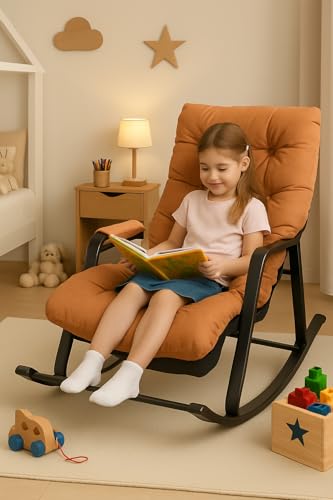 Schaukelstuhl Schaukelstuhl für Kinder 3 Jahre + mit Armlehnen und Seitentasche, Stahlgestell, Fußstütze verstellbar in 5 Höhen, Tragkraft 250 kg, Wohnzimmer, Schlafzimmer, Orange