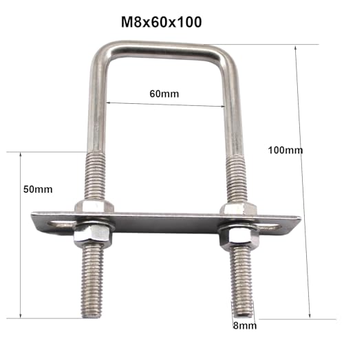 Image of Square U Bolts 304 Stainless Steel U-Bolts 2.4 inch Wide 3.9 inch Length (M8x60x100mm) U Clamps Bolt with Frame Plate, Washers and Nuts (4 Pack)