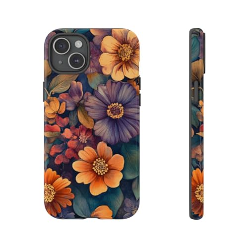 Coque résistante iPhone 15 Plus orange rigide brillante motif floral aquarelle