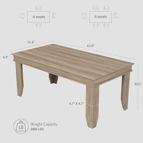 Image of GarveeHome Farmhouse Dining Table for 4-6 People, 63 in Long Kitchen Tables with Wooden Sturdy Frame, 5 ft Large Rectangular Dinner Table for Dining Room, Kitchen, Natural Oak, 63 inch Non-extendable