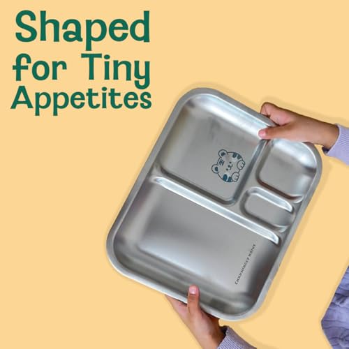 Image of Basil Stainless Steel Plate for Kids - Kids Plates for Food with 3 Compartments - Dinner Plates for Baby - Unbreakable Dinner Plates - Ideal for Birthday, Return Gifting - Bento Tiger Plate