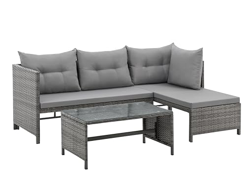 EVRE Tulum Garden Furniture Set, Rattan Corner Sofa with Glass Table, Grey Cushions, Indoor Outdoor Lounge Set