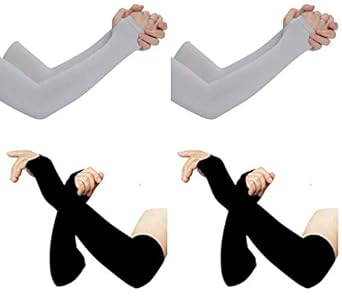 TENDSY Arm Sleeves UV Protection for Men and Women Sunblock Protective with Thumb Hole for Biking, Hiking, Running (Pack of 4 Pairs, 2 Black, and 2 Grey )