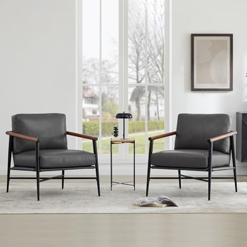 Image of Watson & Whitely Accent Chairs Set of 2, Mid Century Arm Chair for Living Room Bedroom, Modern Reading Chair Upholstered Lounge Armchair with Metal Frame & Wooden Armrests, Faux Leather in Grey