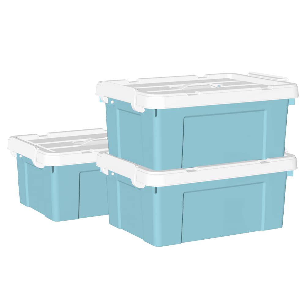 Cetomo 20L*3 Storage Box with Handle, Plastic Box with Lid and Secure Lock, Storage Container, Durable, Stackable, Heavy Duty, Blue, 3 Pack of 20L
