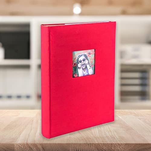 Kenro Red Linen Minimax Photo Album for 100 Photos 6x4 / 10x15cm with Space for Photograph on Front Cover, Slip-In Pages, Modern Design Great for Family Photographs, Aztec Series  AZ104RD