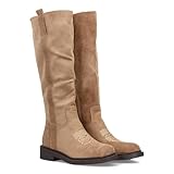 shoes&blues.es 97328 Bota Alta para Mujer Cowboy con Detalle de Bordado Frontal, Paneles Elasticos y Suela Plana. Ideal Temporada Otono Invierno. Apricot Talla 41