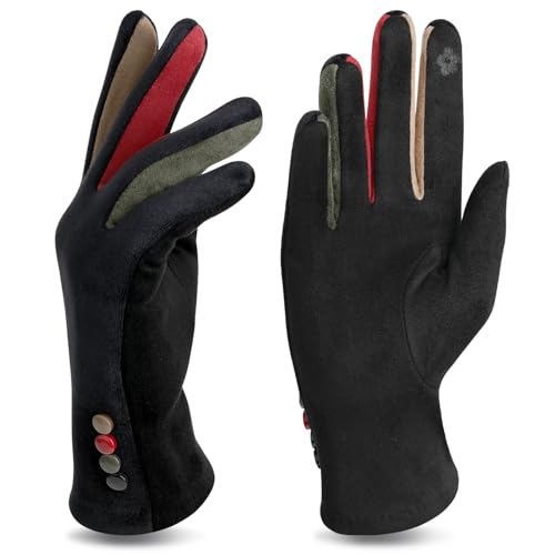 Lohca Guantes cálidos de invierno para mujer, guantes térmicos para mujer, pantalla táctil, piel sintética, guantes de diseño de dedos multicolor, Negro, talla única
