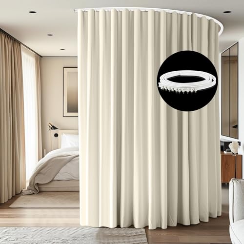 Image of Room Divider Ceiling Mounted Curtains Track Sets Extra Wide Blackout Curtain Flexible Tracks for Bedroom Privacy Partition Separator, 1 Panel Beige Drape and White Rail, W12.5 x H9ft