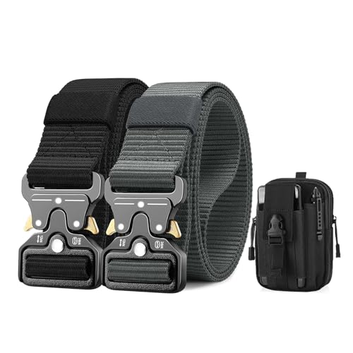 BESTKEE 2er Herren Taktischer Gürtel 1,5-Zoll-Hochleistungsgürtel, Nylon Schnellverschluss-Metallschnalle, Geschenk mit taktischem Molle-Beutel und Haken (A-Schwarz + Grau)