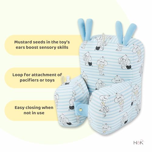 Image of haus & kinder 100% Cotton Poplin Adjustable Pillow Cum Seat for 6 to 9 Months | Head Protector for Safety | Blue Color | Size H: 31cm, W: 21cm | Elephantastic, 1Pc