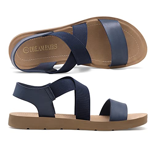 DREAM PAIRS DREAM PAIRS Women's Open Toe Elastic Ankle Strap Flat Summer Sandals,Size 9,Navy,ELENA-2