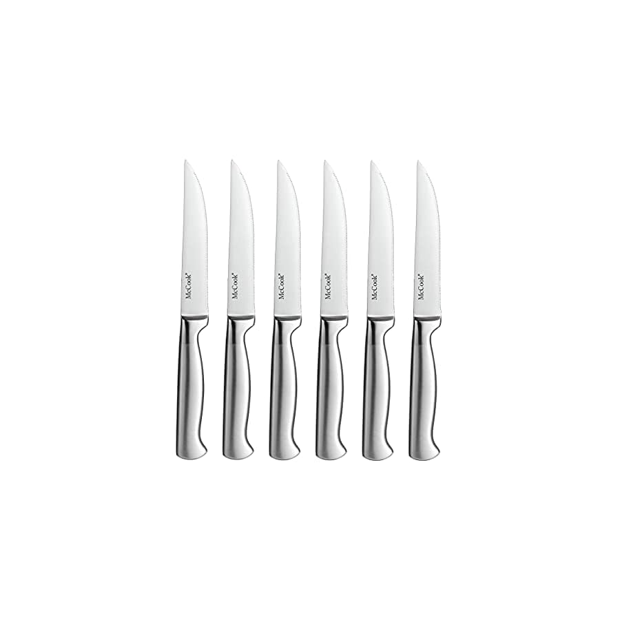 MC29 15 Pieces German Stainless Steel Knife Block Sets with Built-in Sharpener + McCook MC59 Full Tang Serrated Stainless Steel Steak Knives Set