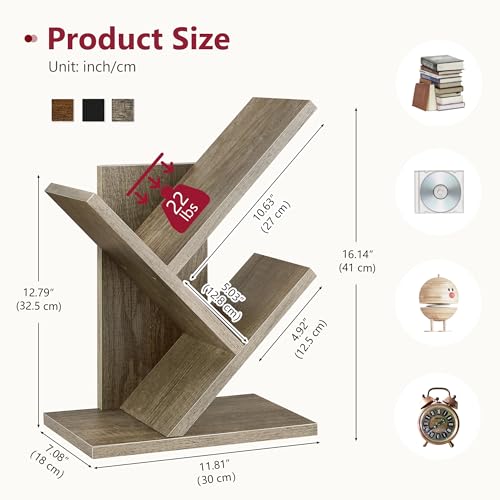 Tajsoon 3 Tier Tree Bookshelf, Small Bookshelf, Desktop Bookshelf Floor Standing Bookcase Display for CDs/Magazine/Books, Book Organizer Shelves for Bedroom, Living Room, Office, Greige