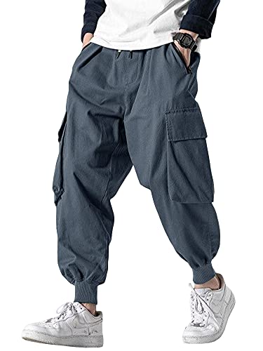 Men s Joggers Pants Casual Baggy Cotton Drawstring Tapered Sweatpants Cargo Hippie Loose Fit Trousers with Multi-Pocket Gray