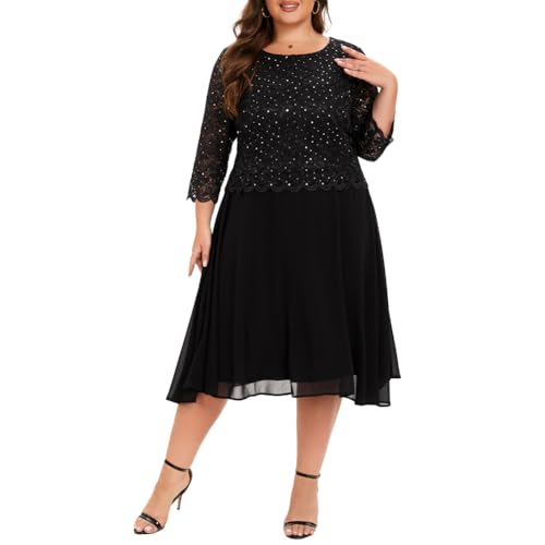 Women's Plus Size Tea Length Sequin Lace Dress Mother Gifts Special Occasion Wedding Party Dresses2