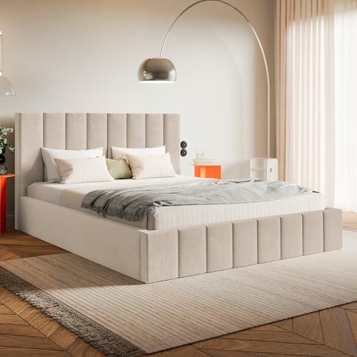 MOTIVENA Ibiza Bett 180x200 Beige Samt, mit Stauraum, mit Kopfteil, mit Lattenrost, ohne Füße, ohne Matratze, Polsterbett 180x200 mit Bettkasten Beige (Creme)