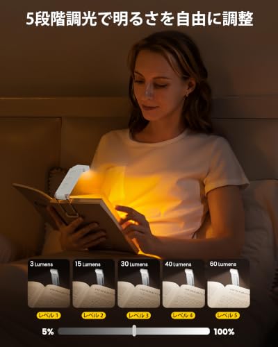 Glocusent 読書灯 12個LED 充電式ブックライト ベッド用 クリップライト 5色温×5段階調光 100時間連続使用可能 目に優しいライト