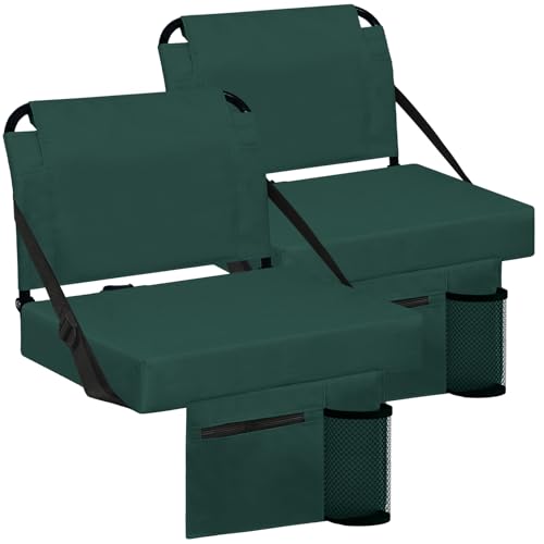 Besunbar Stadium Seats for Bleachers 2 Pack w/Back Support Bleacher Seat Soft Cushion Light Weight Includes Shoulder Strap & Cup Holder, Front & Back Zipper Pocket, Suitable for Sports Events,Green