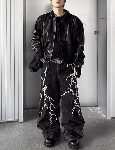 Denim Wide Leg Jeans Men Grunge Pants Straight Leg Oversized Jeans Vintage Hip Hop Lightning Graphic Pants4