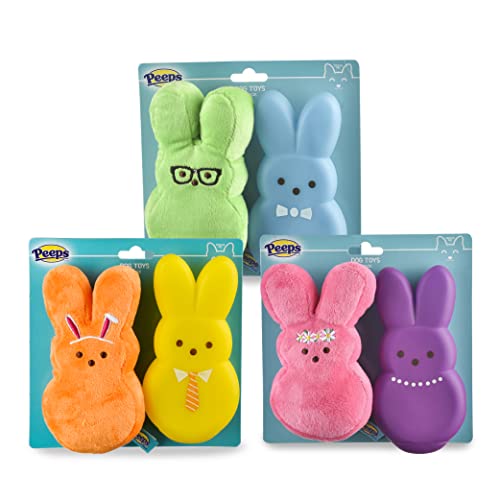 Peeps for Pets 6' Dress-up Bunny Plush + Vinyl Squeaker Pet Toy - 2PK in Assorted Colors | Peeps Bunny Pair; 1 Plush 1 Vinyl Set of Toys for Dog Easter Baskets with Squeaker (FF20882)
