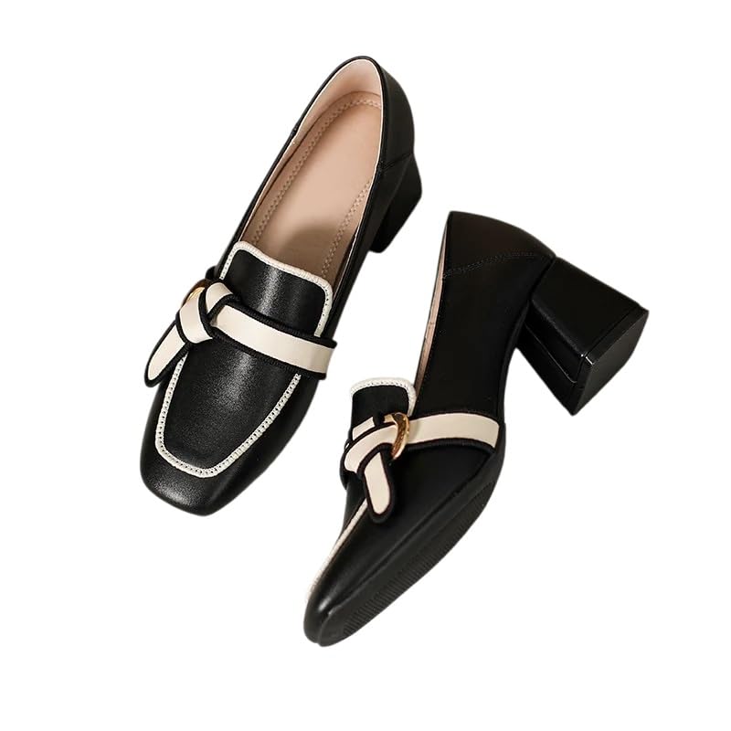 Scarpe Tacco Donna,Stile retrò, Testa Quadrata, Tacchi Spessi, Pelle Morbida