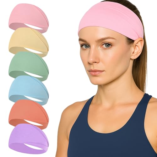 Fascia Deportiva para Mujeres 6 Pcs Banda de Cabeza Atlética de Algodón de Absorción de Humedad, Banda Elástica de Pelo Transpirable Antideslizante Headband Deportivo Unisex para Correr Yoga