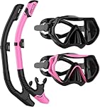 JRing Dry Snorkel Set Panoramic Wide View & Anti-Fog Snorkelling Gear Professional Top Snorkel Package for Adults (Black+Pink)