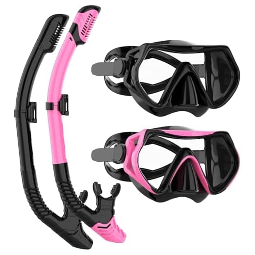 Snorkeling Gear for Adults, JRing Snorkel Mask Set with 180 Degree Tempered Glass Anti Fog Goggles Scuba Dry Top Snorkel for Swimming, Scuba Diving Mask for Men Women(Black+Pink)
