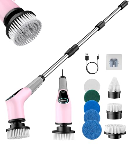 Dovety Electric Spin Scrubber, Cordless Cleaning Brush, Shower Scrubber with 8 Replaceable Brush Head, Power Cleaning Brush with Extension Handle, 2 Adjustable Speed, for Bathtub Grout Tile Floor