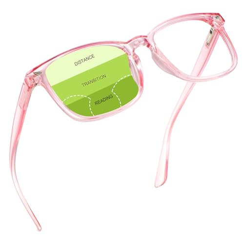 Image of YEIN Progressive Multifocus Reading Glasses, Spring Hinge Blue Light Blocking Glasses for Women Men, No Line Multifocal Readers with Clear Lenses (clear pink,+0.00 /+1.75 magnification)