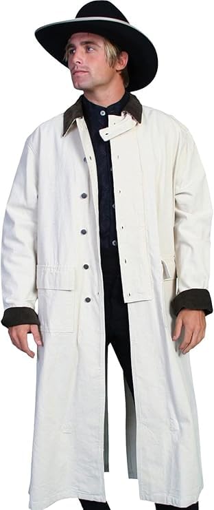 Image of Men's western gunfighter cowboy old Vest mens black denim Cotton long coat duster Full Length Jackets