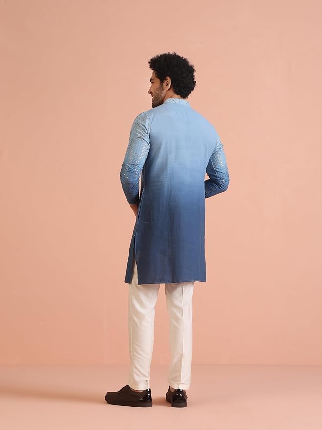 Image of KISAH Men's Navy Blue Printed Cotton Kurta - Regular Fit Long Tunic with Mandarin Collar | Ethnic Wear for Weddings & Festive Occasions