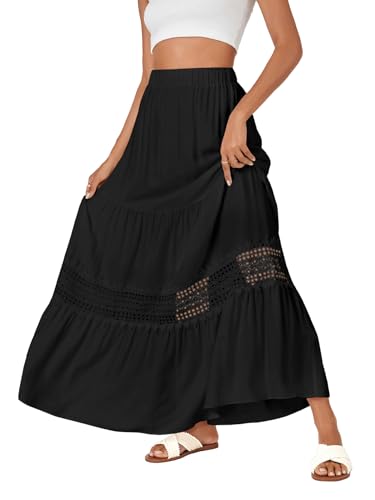LYANER Women's Ruffle Tiered Long Skirt Elastic High Waist Pleated Lace Trim A-line Boho Maxi Skirts3