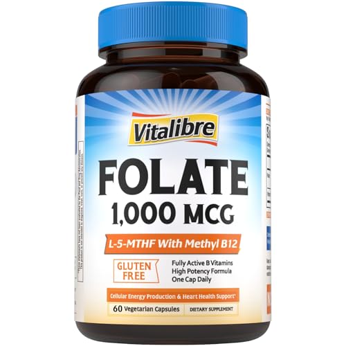 Vitalibre Methyl Folate 1000 mcg L-5-MTHF with Methylcobalamin B12 Heart & Blood Health Healthy Nervous System Energy Support Vegan Bioactive Form Best Absorption 60 Capsules