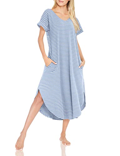 Aviier Nightgowns For Women Cotton V Neck Sleepwear Short Sleeve Loungewear (Blue While, Small) #TOP1