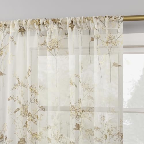 No. 918 Mila Botanical Print Sheer Rod Pocket Curtain Panel, Gold, 50" W x 84" L (1 Panel)