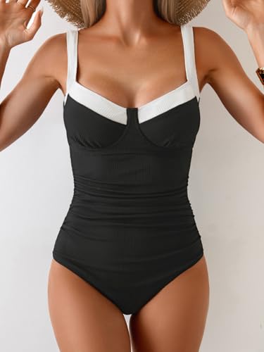 Image of B2prity Women's One Piece Swimsuits Tummy Control Bathing Suits Push Up Swim Suit Color Block Swimwear