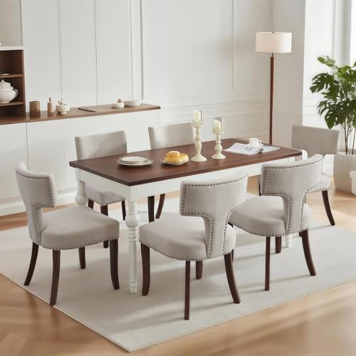 SoarFlash Modern Wooden Dining Chairs Set of 6, Farmhouse Linen Fabric Upholstered Accent Chair Curved Backrest with Copper Nails Around,Kitchen Chairs with Hardwood Frame, Beige