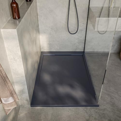 SOULBATH Plato de Ducha Extraplano Antideslizante – Resina Gel Coat - Textura Liso/Piedra – PIZARRA - 140x90 - Rejilla integrada mismo color - Incluye Válvula de desagüe