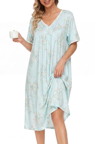 Image of AVIIER Nightgows for Women Soft Cotton Night Shirts Short Sleeve Sleepwear with Pockets