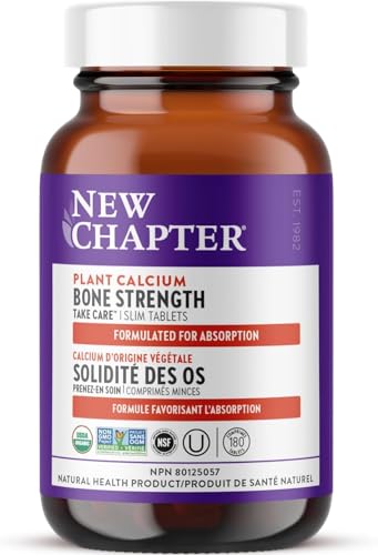 New Chapter Calcium Supplement - Bone Strength Organic Red Marine Algae Calcium - with Magnesium, Vitamin D3+K2, 70+ Trace Minerals for Bone Health, Gluten Free, Easy to Swallow - 180 Slim Tablets