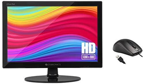 ZEBRONICS Zeb-V16HD LED Monitor with15.4 with Supporting HDMI, has VGA Input, HD 1280 x 800, Glossy Panel, Slim Feature and Wall mountable. & Zeb-Alex Wired USB Optical Mouse with 3 Buttons