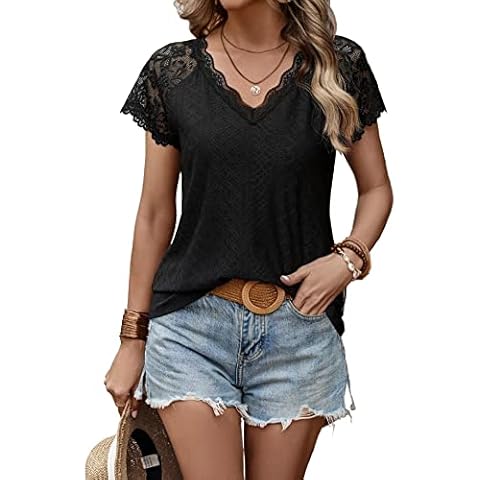 Amstt Women's Lace V-Neck T Shirts Short Sleeve Casual Summer Tops Blouses (as1, Alpha, m, Regular, Regular, Black) Cover