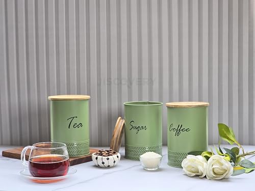 Image of JISCOVERY Airtight Tea, Coffee & Sugar Container Set of 3| Metal Storage Canister with Wooden Lid for Kitchen| Storage Box for Kitchen Counter Top| 1300 ML| Green