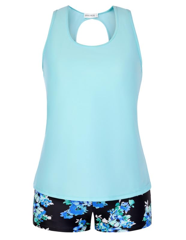 Hanna Nikole Tankini Damen Sportlich Große Größen Dreiteilig Tank Aushöhlen Oberteil mit Boyshorts Push Up Badeanzug Damen Swimsuit