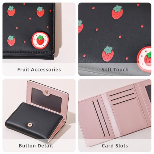 Wallet Women, Small Fruit Trifold Wallets Woman, Cute Black Strawberry Girls Wallet Business Credit Card Change Holder Purse for ID Cards Cash Coin (Black)3
